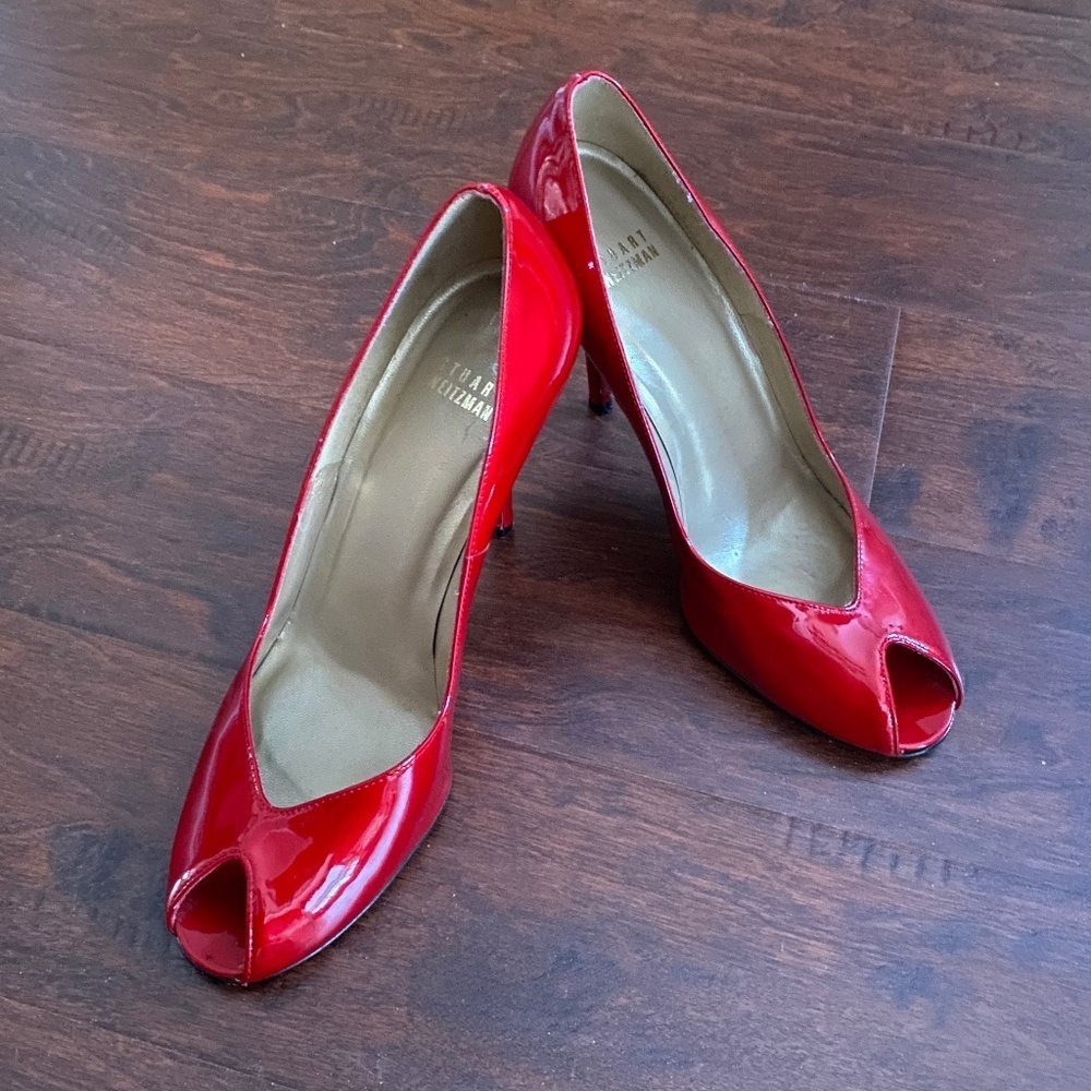 Stuart Weitzman Patent Leather Peep Toe Red Pumps Size 9M